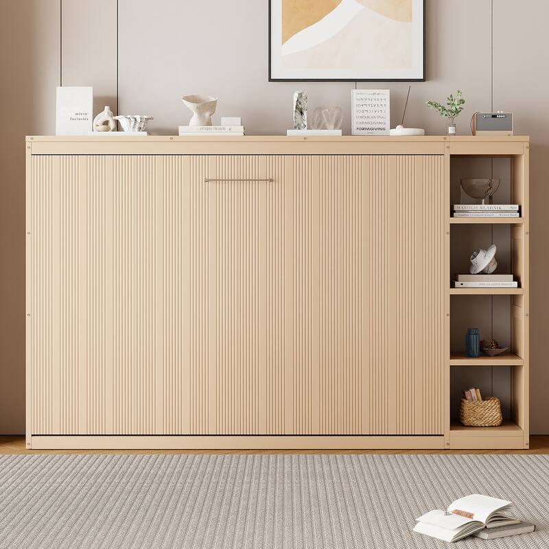 Full Size Murphy Bed Cabinet with Bookshelf, Space-Saving Foldable Wood Wall Bed Frame w/Hidden Bed Foundation & Slats Support