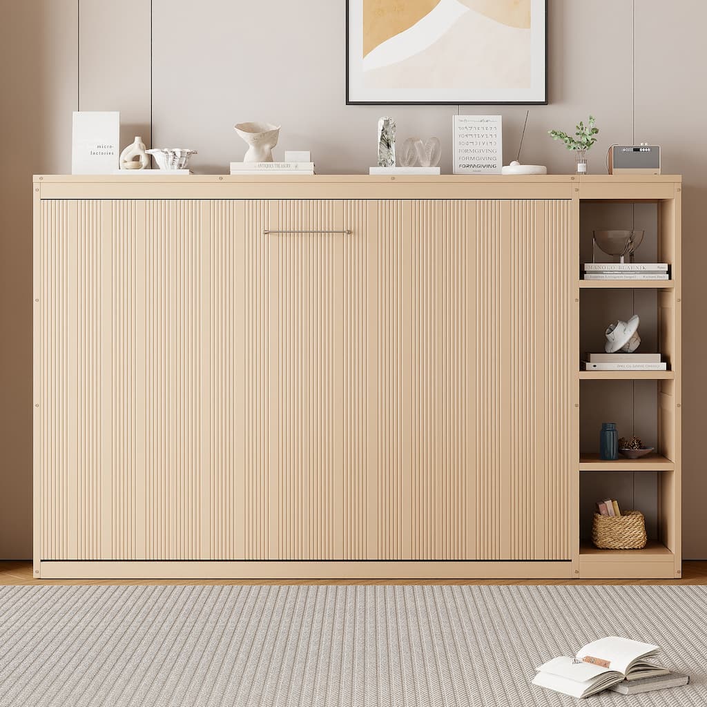 Space-Saving Full Size Murphy Bed with Bookshelf and Storage, Natural