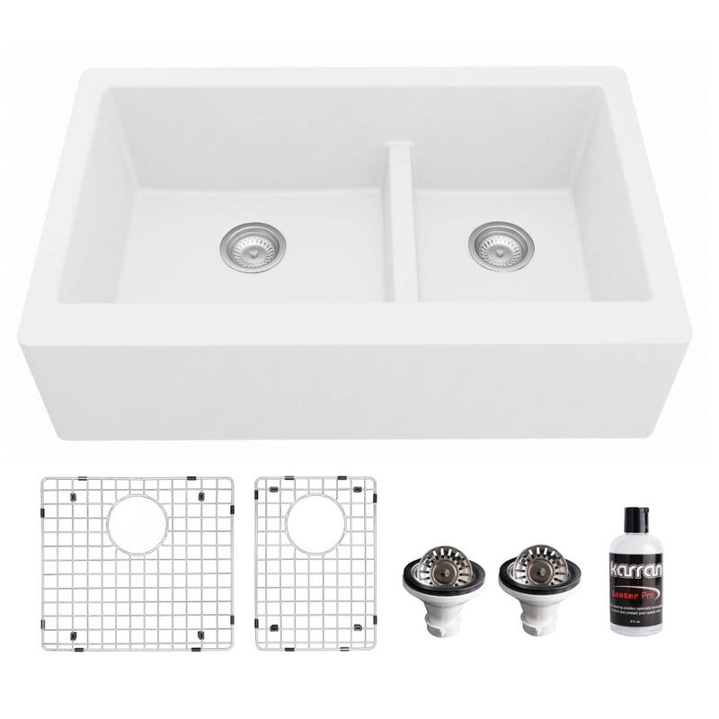 Karran Farmhouse/Apron-Front Quartz Double Bowl Kitchen Sink Kit