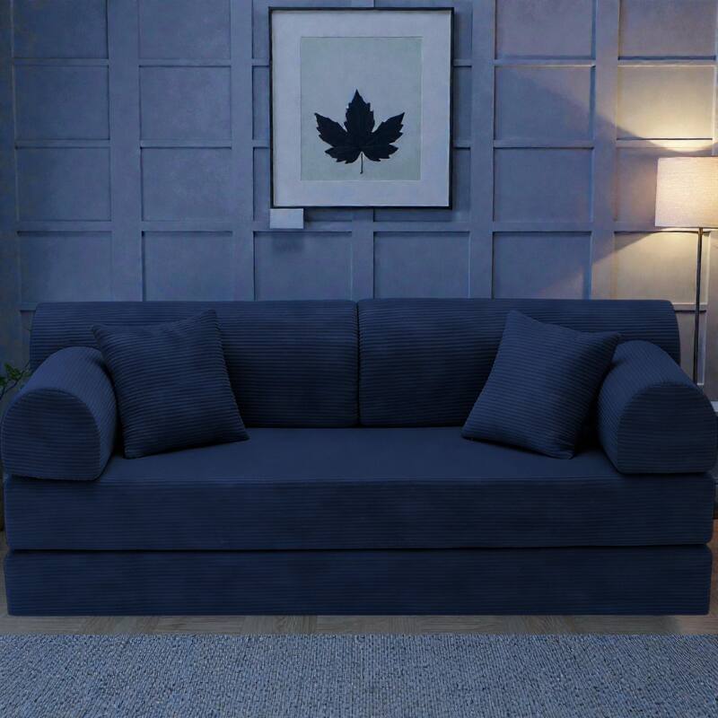 Convertible Sleeper Sofa Bed, 4-in-1 Corduroy Folding Floor Couch with Cylindrical Pillow, 2-Seat Space-Saving Lounge Sofa