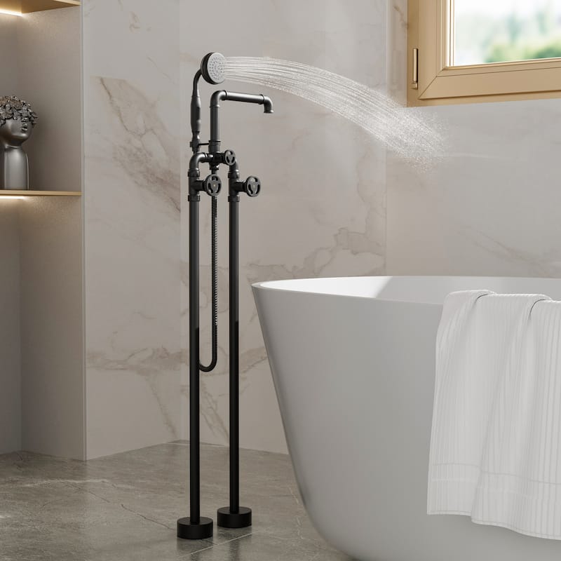 Modland 42''H Floor Mount Bathtub Faucet Freestanding Tub Filler With Handheld Shower In Black / Gold
