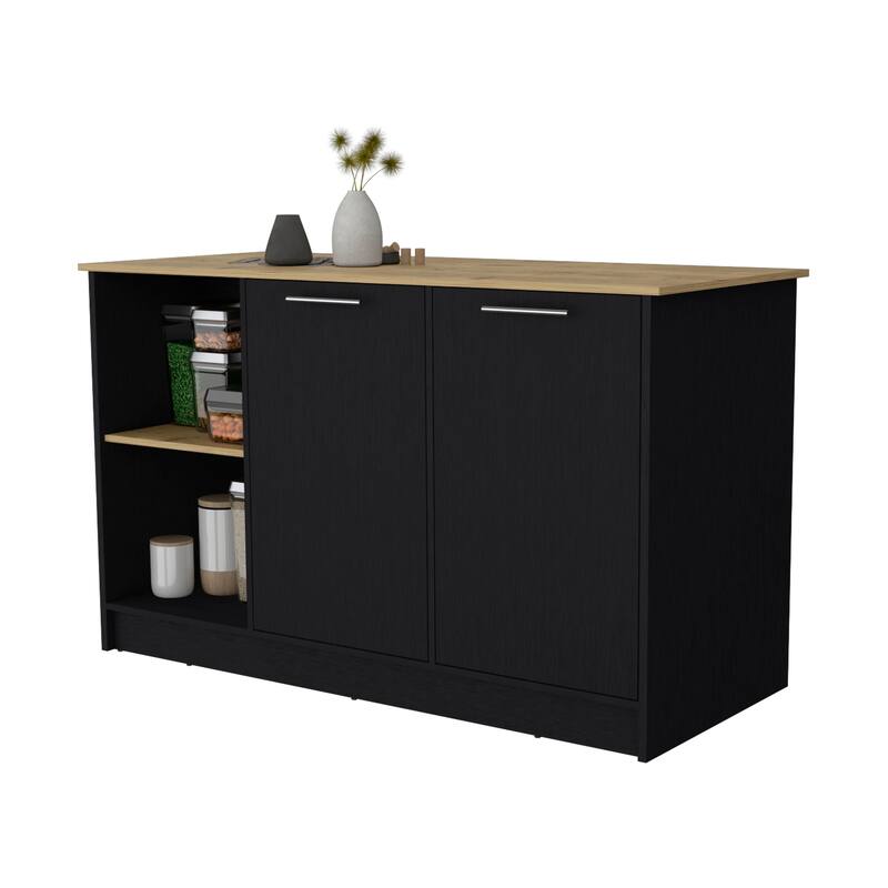 59" Kitchen Island with Large Countertop, Double-Door Cabinets, and Open Shelves, Ideal for Storage & Workspace