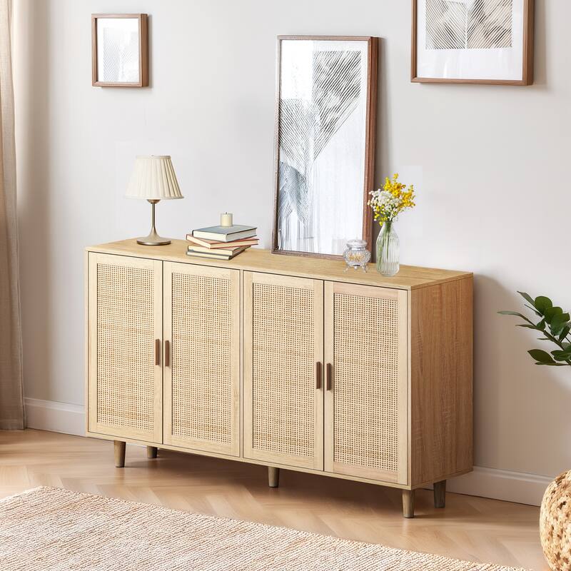 Stylish 62.20" Rattan Decorative Storage Cabinet, 4 Doors, Adjustable Shelves, for Bedroom, Office & Living Room.