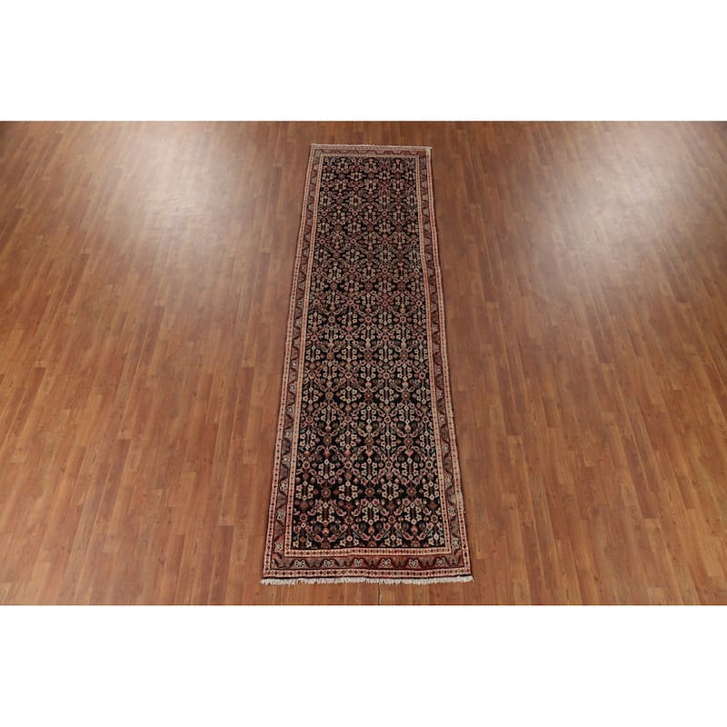 Geometric Mahal Vintage Persian Runner Rug Handmade Wool Carpet - 3'5" x 11'1"