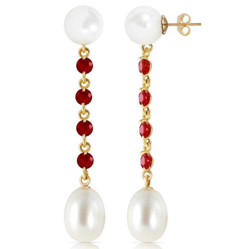 14K Solid Gold Chandelier Natural Ruby & Pearl Gemstone Earrings - Yellow