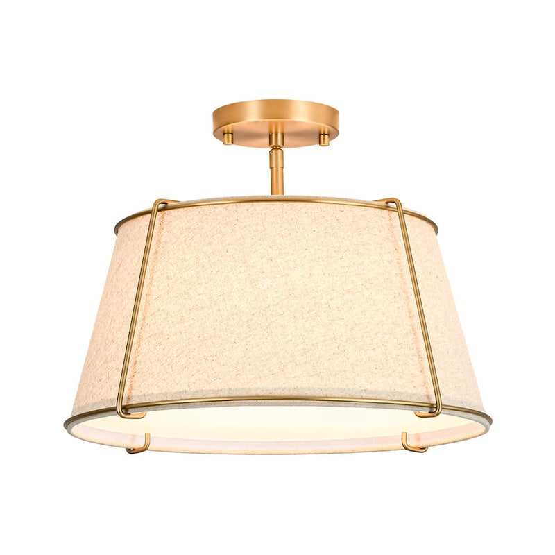 Brass 4-Light Wide Drum Linen Ceiling Light - 17in Mid-Century