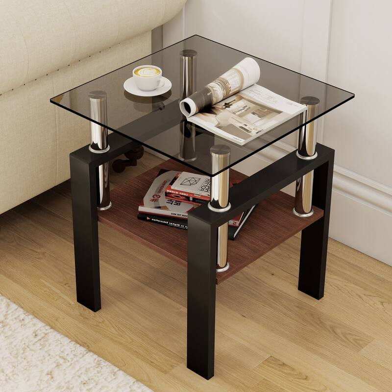 Set of 2 Modern Tempered Glass Tea Table ,Tempered Glass Tabletop with MDF Layer,Coffee Table