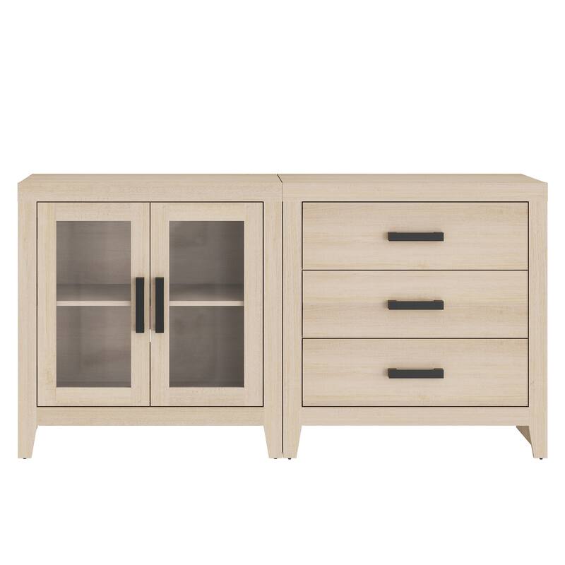 WAMPAT Farmhouse Buffet Cabinet, 2-Piece Sideboard with Glass Door & Storage Drawers for Kitchen