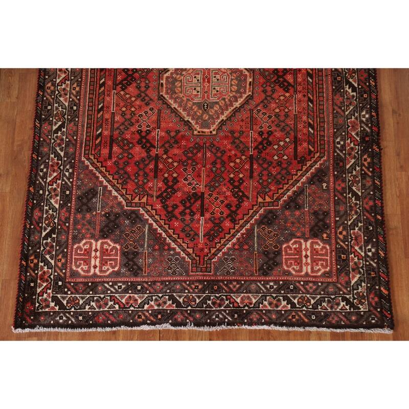 Red Qashqai Persian Vintage Area Rug Handmade Wool Carpet - 5'2"x 7'8"