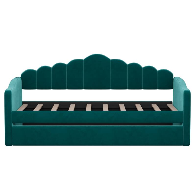 Roomfitters Twin Size Upholstered Daybed with Trundle, Velvet Sofa Bed with USB Charging Ports