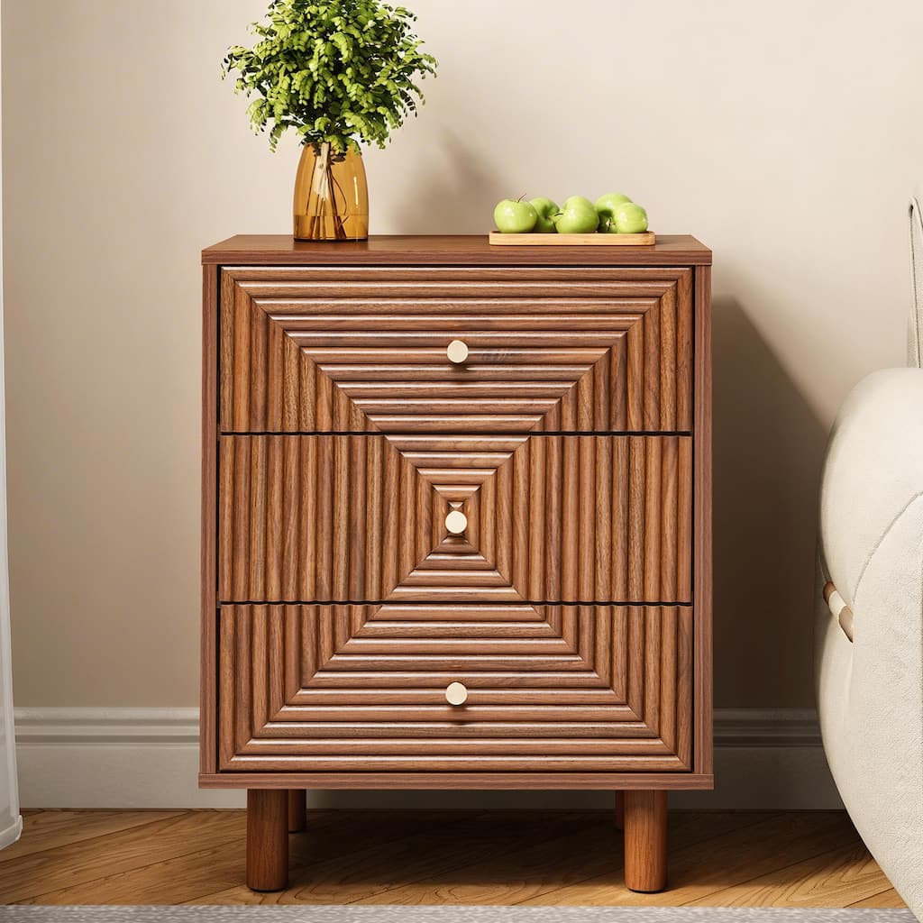 Brown 3-Drawer Nightstand with Solid Wood Legs