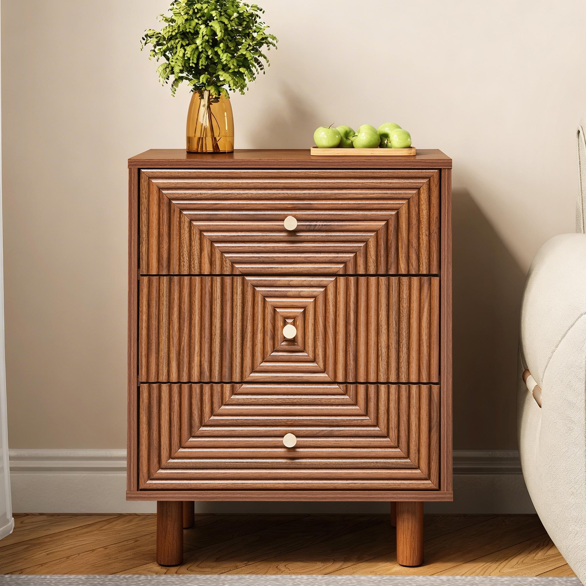 Brown 3-Drawer Nightstand With Solid Wood Legs – Art Deco Style