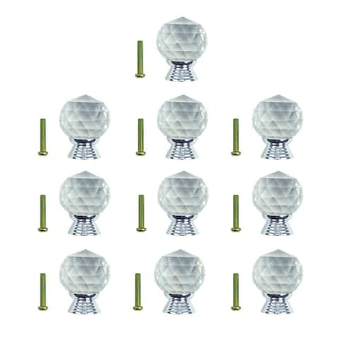 Crystal Glass Cabinet Knob Pulls 10 Pcs with Chrome Base Diamond Cutting 1.5" H x 1" W Handles Renovators Supply