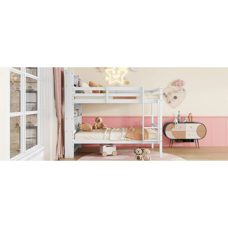 Roomfitters Twin Over Twin Rubber Wood Bunk Bed with Shelves Headboard, Convertible Design, Ladder and Safety Guardrails