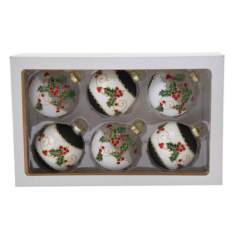 Kurt Adler 80MM Holly Leaves and Berries Glass Ball Ornaments, 6-Piece Set