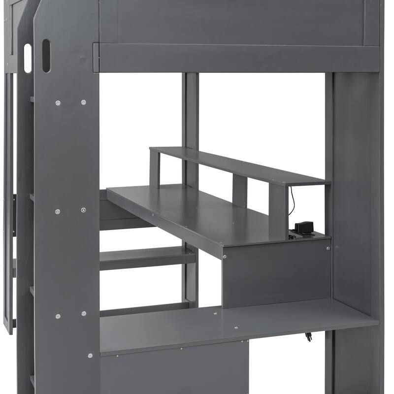 Solid Wood MDF Gaming Loft Bed with Desk, Multi-storage Shelves, LED and Charging Station