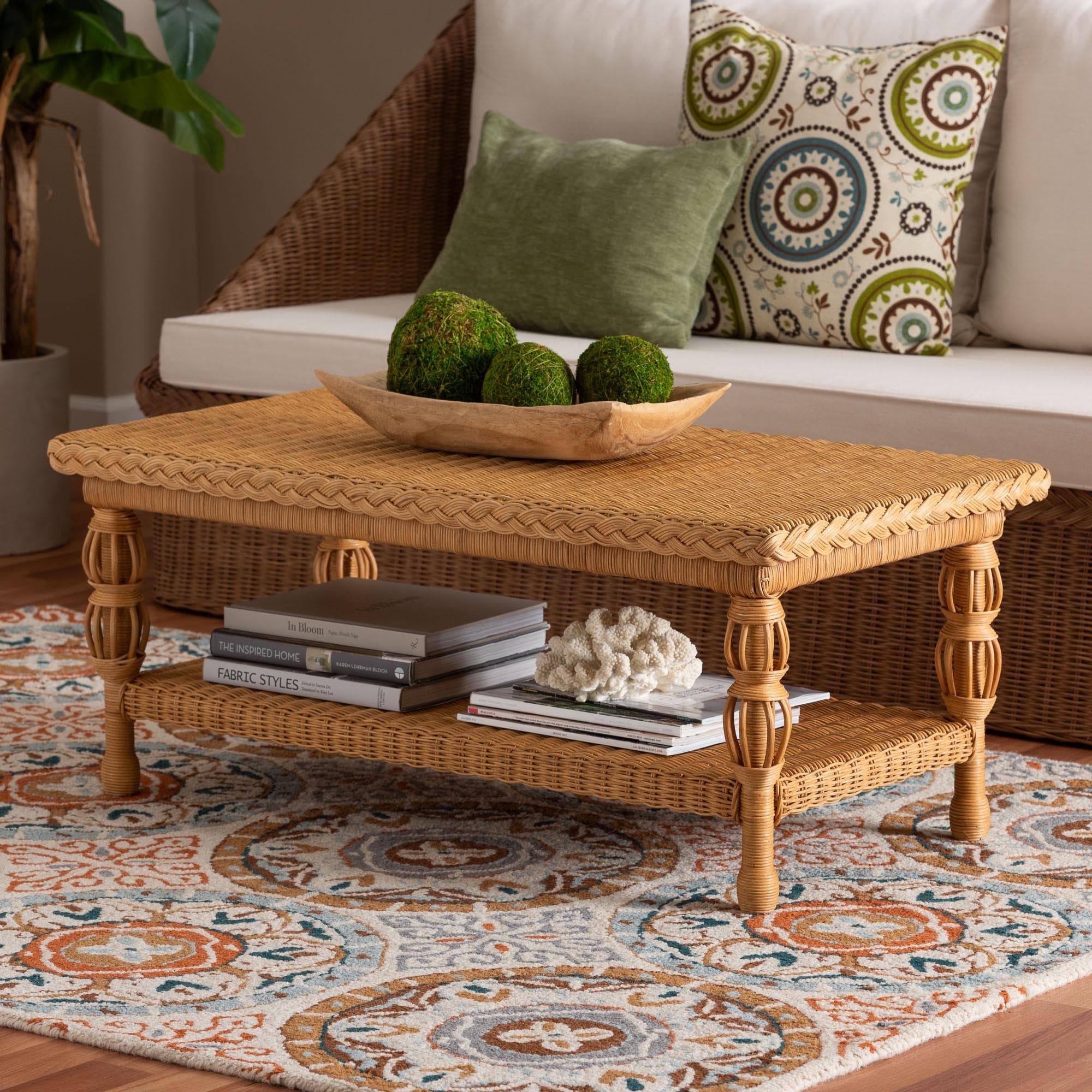 Dyna Natural Rattan Coffee Table with Open Shelf - Handwoven
