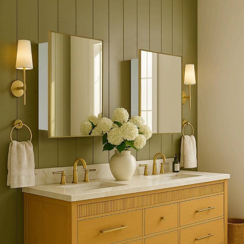 TEHOME Velin Recessed and Surface Mount Bathroom Medicine Cabinet with Mirror Square Cornered Metal Framed Rounded Rectangle - 16.5" x 24" - Brushed Gold