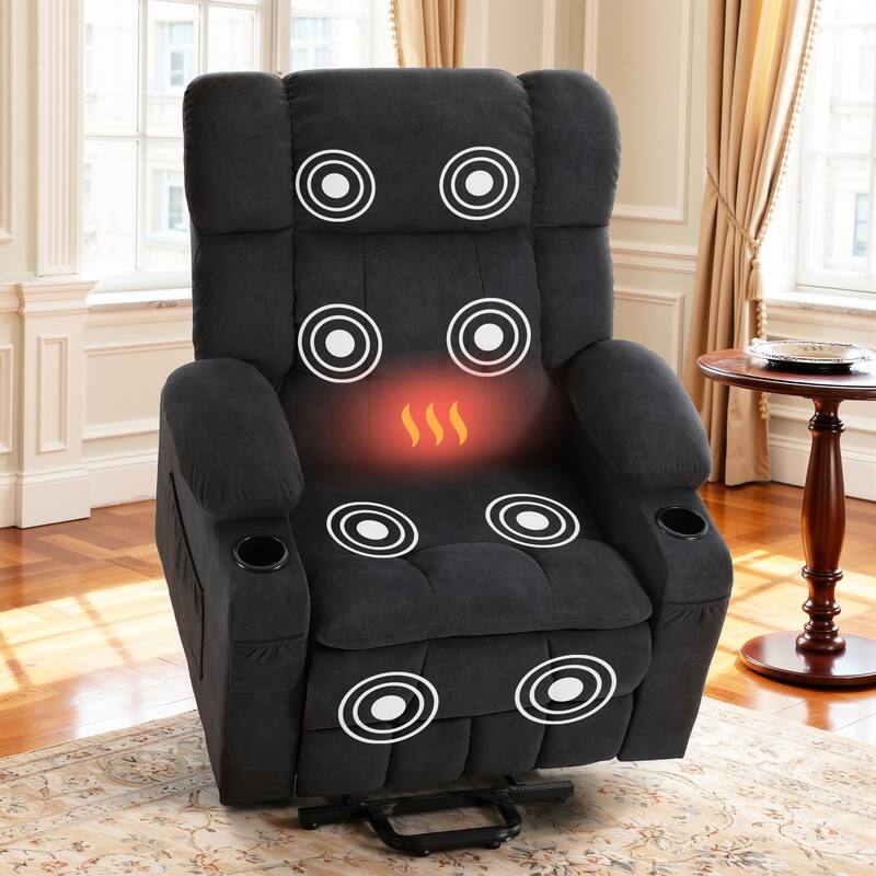 35" Wide Quiet Lift Velvet Recliner w/Massage and Heat - Grey