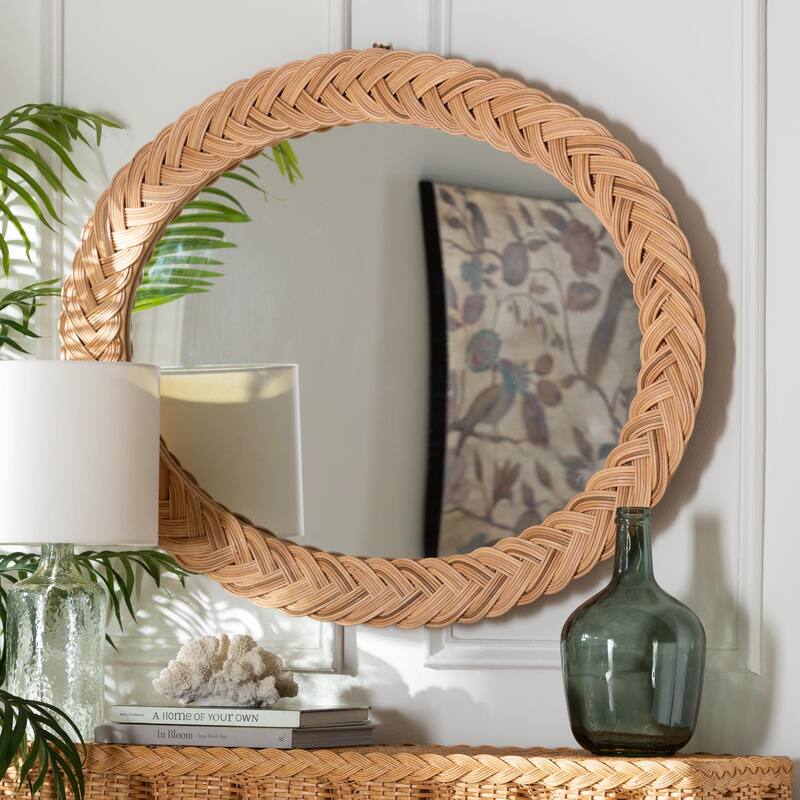 Nara Natural Rattan Wall Mirror - Handwoven Braided Wicker Frame, Coastal Boho Wall Decor for Entryway, Bedroom, or Living Room