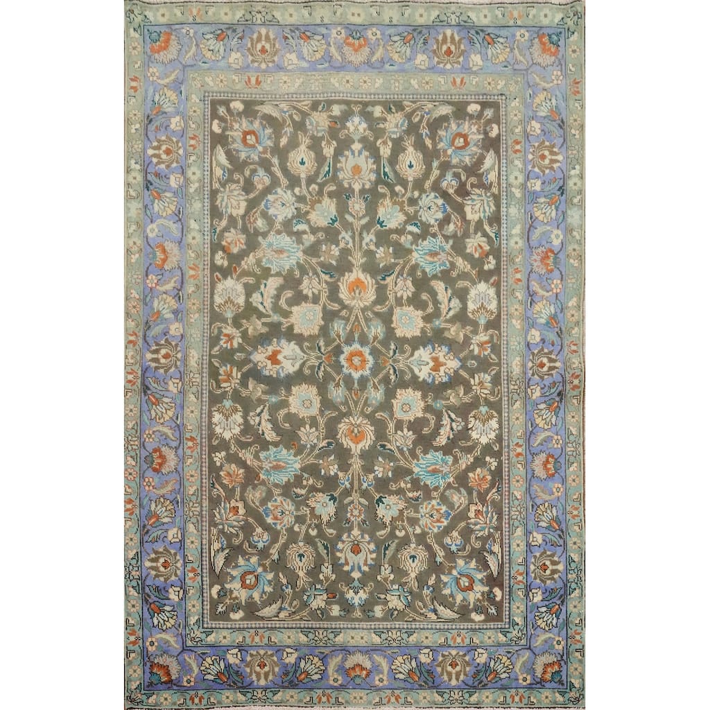Hand Knotted Oriental 100% Wool Carpet Traditional Floral Greys & Charcoal Tabriz Area Rug - 6' 3'' X 4' 7''