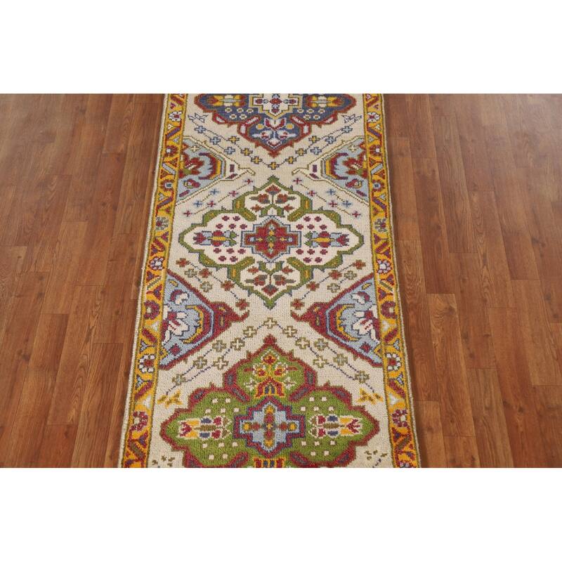 Geometric Beige Kazak Indian Rug Handmade Wool Carpet - 2'7"x 6'0"
