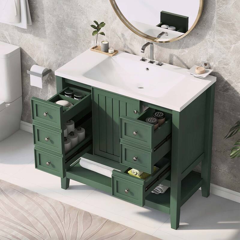 Bathroom Vanity with Sink,Cabinet,and Drawers,Open Shelf - Green