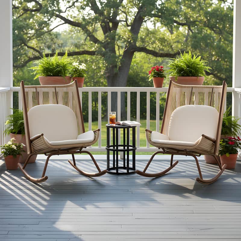 Christopher Knight Home - Siena High Arc Back Outdoor Rocking Chair Set with Cushions and Ceramic Tile Side Table - Brown+Beige+Black - 3-Piece Set