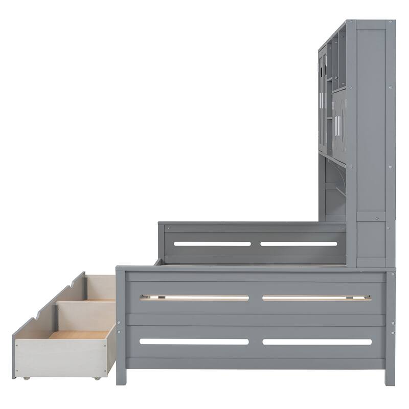 Full Size Wooden Daybed with 2 Drawers, Cabinet, and Shelf in Gray