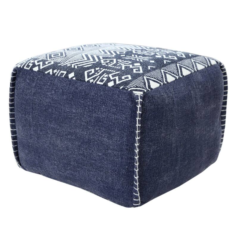18" Navy and White Southwestern Tribal Handcrafted Square Pouf Ottoman