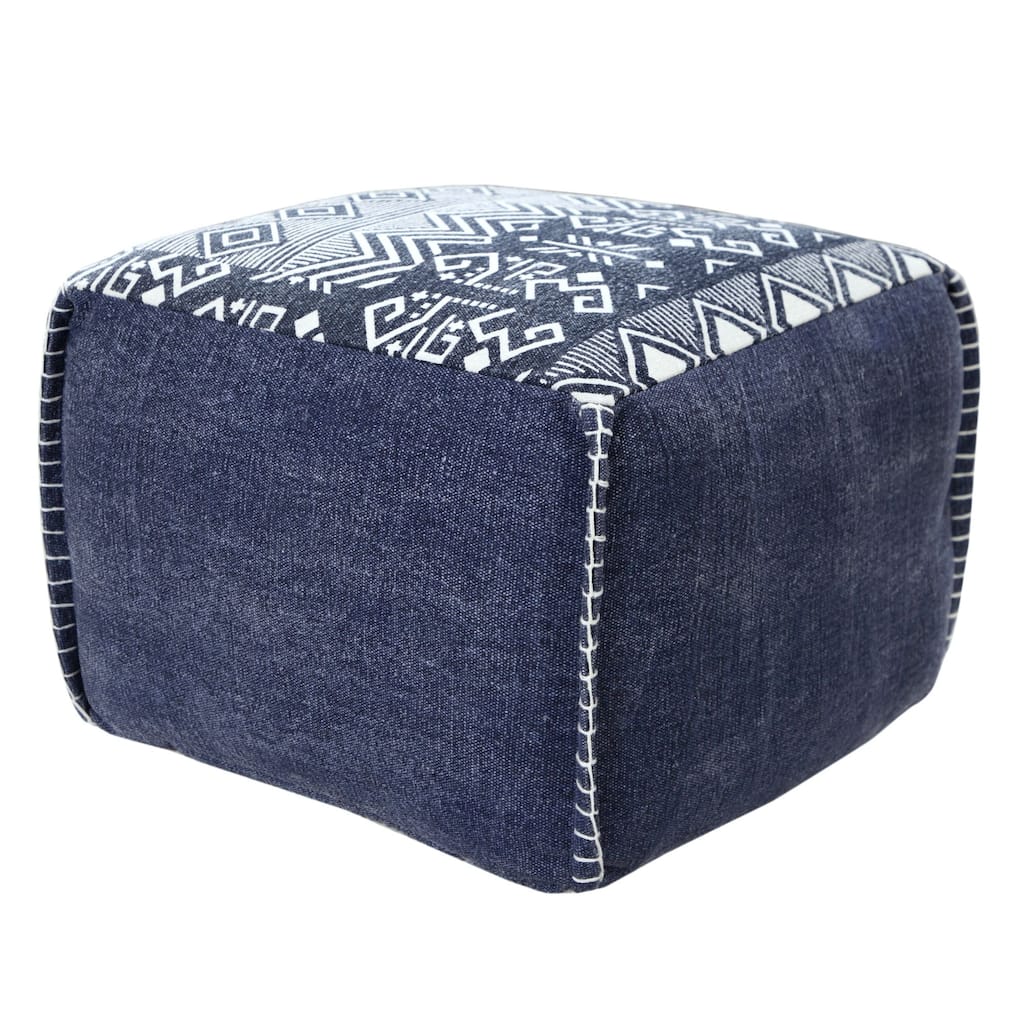 18" Navy and White Southwestern Tribal Handcrafted Square Pouf Ottoman