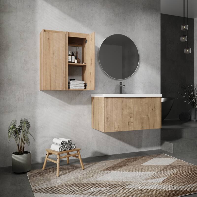 24" Floating Bathroom Vanity with Resin Sink, Side Cabinets, Soft-Close Doors, and Luxury Metal Handles