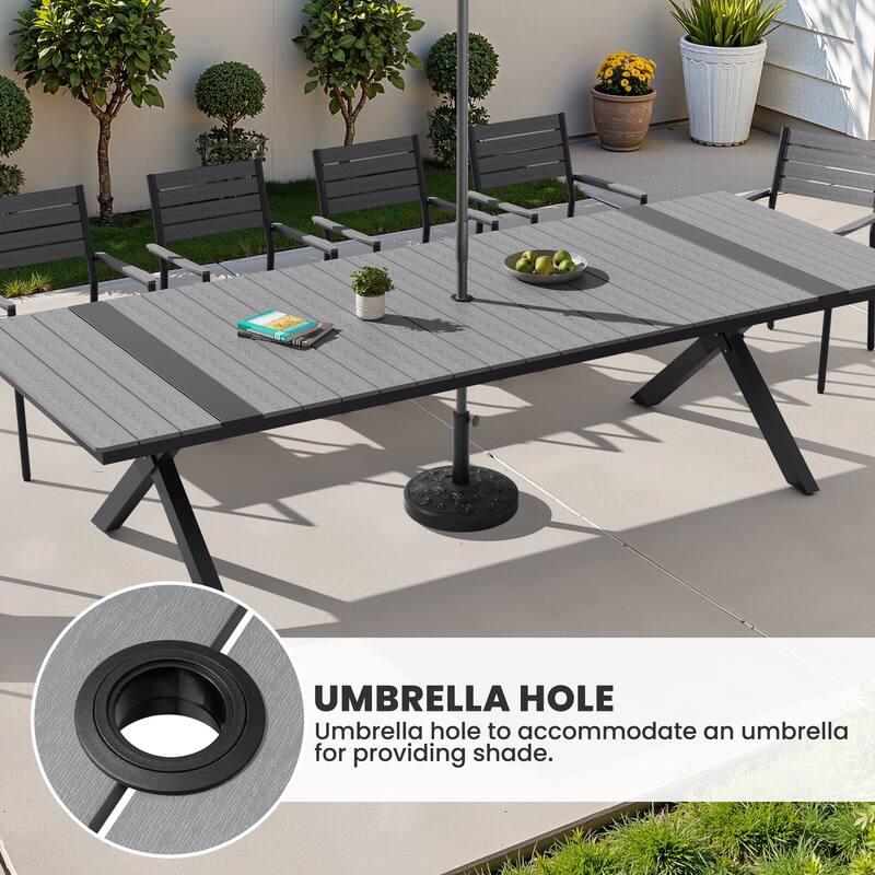11/13-Piece Outdoor Aluminum Dining Table Set Rectangular Table with Umbrella Hole and Stackable Chairs