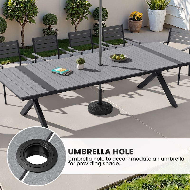 Outdoor Aluminum Dining Table Rectangular Table with Umbrella Hole for 10-12 Person