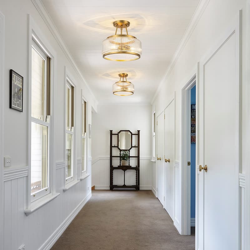 3-Light Industrial-style Black/Gold Lantern Glass Semi Flush Mount