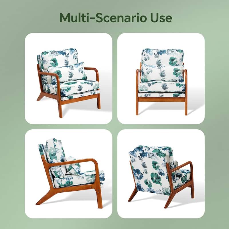 EROMMY Mid Century Modern Accent Chair - Floral Lounge Chair with Solid Rubber Wood Frame, 330lbs Capacity, Green