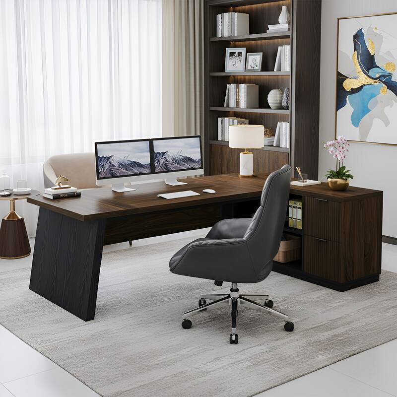 78" L-Shaped Executive Desk with File Cabinet & Shelves, Home Office
