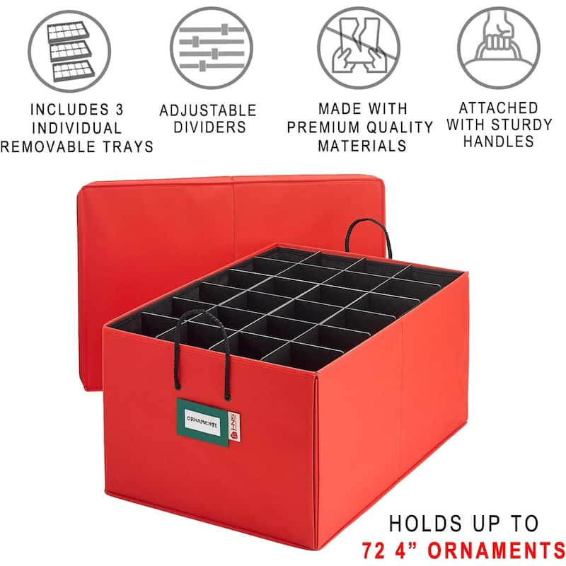 Christmas Ornament Storage Container Box with Dividers - Stores up to 72- 4" Ornaments - 3 Removable Trays with Separators.