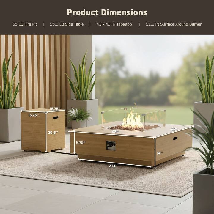 Kinger Home Harmony 43-Inch Large Square Outdoor Propane Gas Fire Pit Table - 43" L x 43" W x 14" H