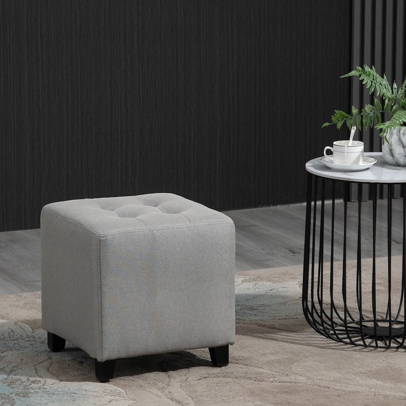 HOMCOM Tufted Ottoman Linen-Touch Fabric Upholstered Footrest Stool with Anti-Slip Pads