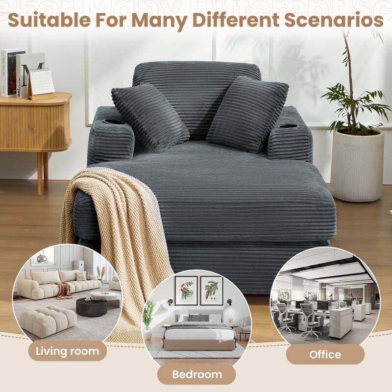 Chaise-Style Corduroy Sofa with Cup Holders and 3 Back Cushions - Reclining Lounge Design