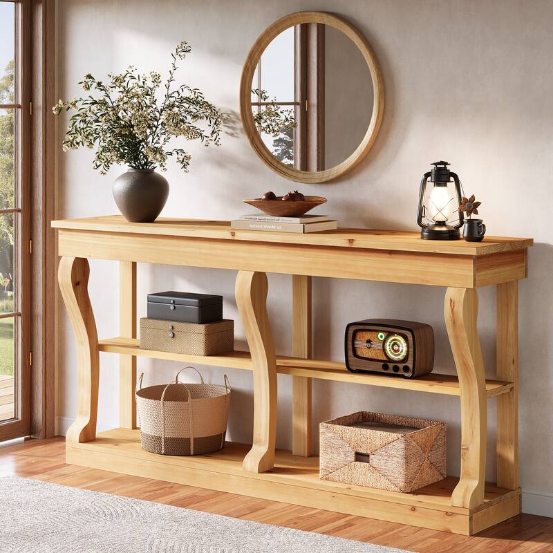 Solid Wood Entryway Console Table, 63'' 3-Tier Sofa Table Behind the Couch - Light Brown
