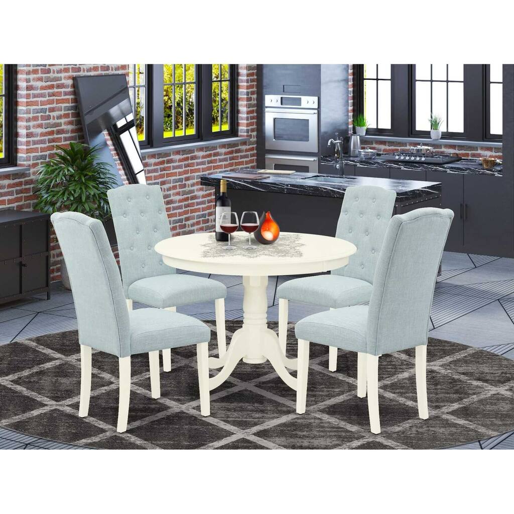 HomeStock 5-Piece Round Linen White Finish Solid Wood Top Dining Table with 4-Parson Chair with Lattice Back