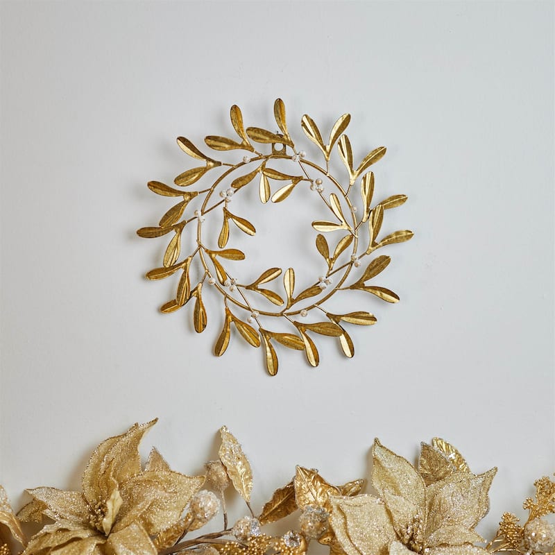 Gold Metallic Mistletoe Wreath Featuring Leaf and Jeweled Berry Design Ideal for Front Door or Wall Hanging