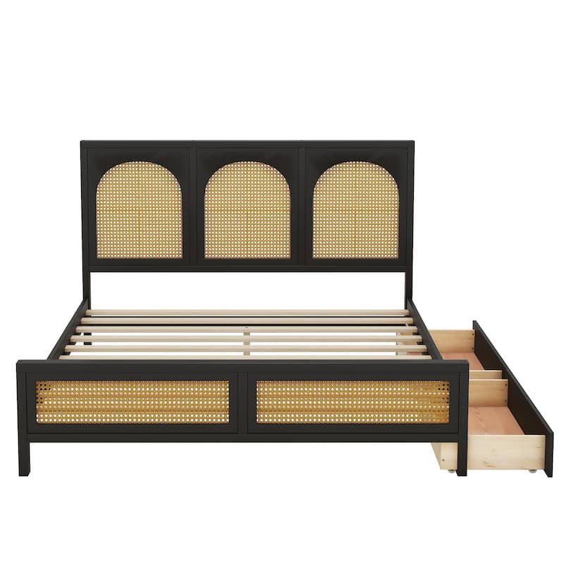 Queen Size Wood Platform Bed with Rattan Headboard, Footboard, and Storage Drawers