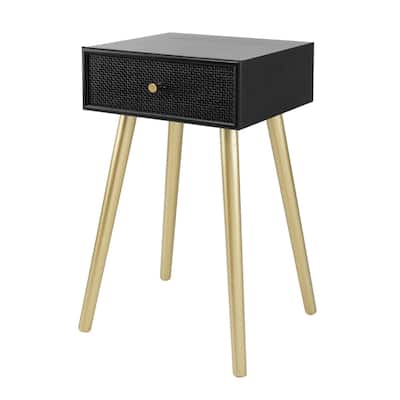 14 in. Black and Gold Rectangle Wood End Table with Storage Drawer for Convenience