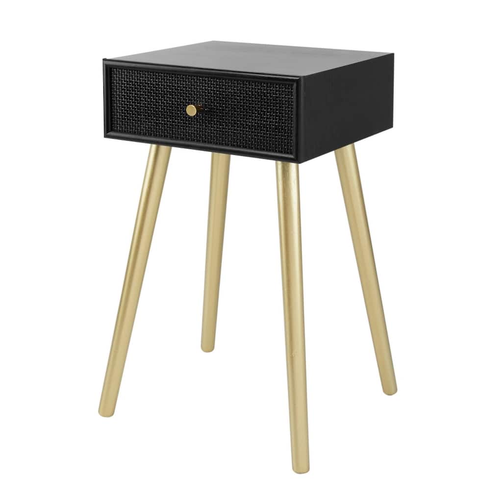 14 in. Black and Gold Rectangle Wood End Table with Storage Drawer for Convenience