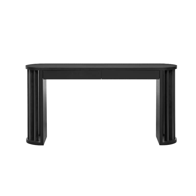 59 Inch Extra Long Entryway Sofa Table, Vintage OAK Veneer Console Table with 2 Storage Drawers and Fan Shaped Legs - Black