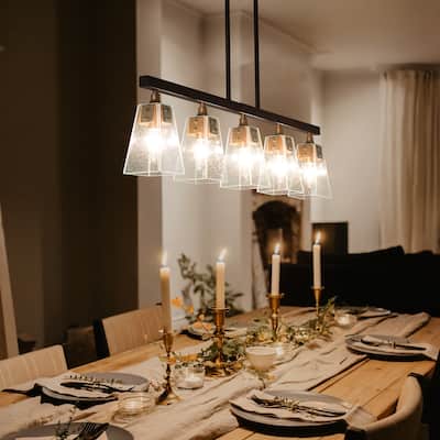 Luray Modern 5-Light Linear Glass Farmhouse Chandelier Brass Black Dining Room Island Lights - L34.2"*W3.54"*H8.7"