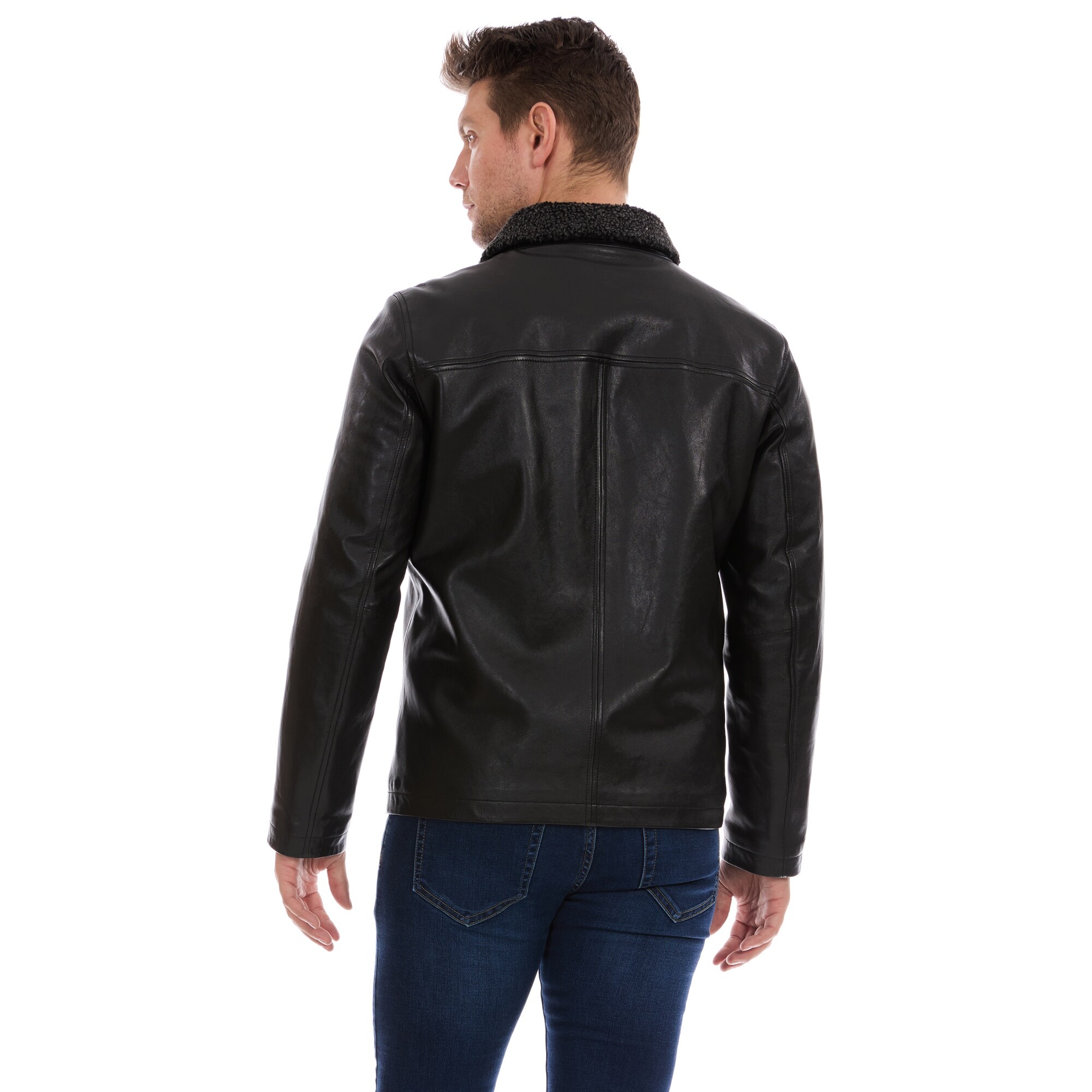 Perry Ellis Mens Genuine Leather Jacket w/ Sherpa Collar - Bed